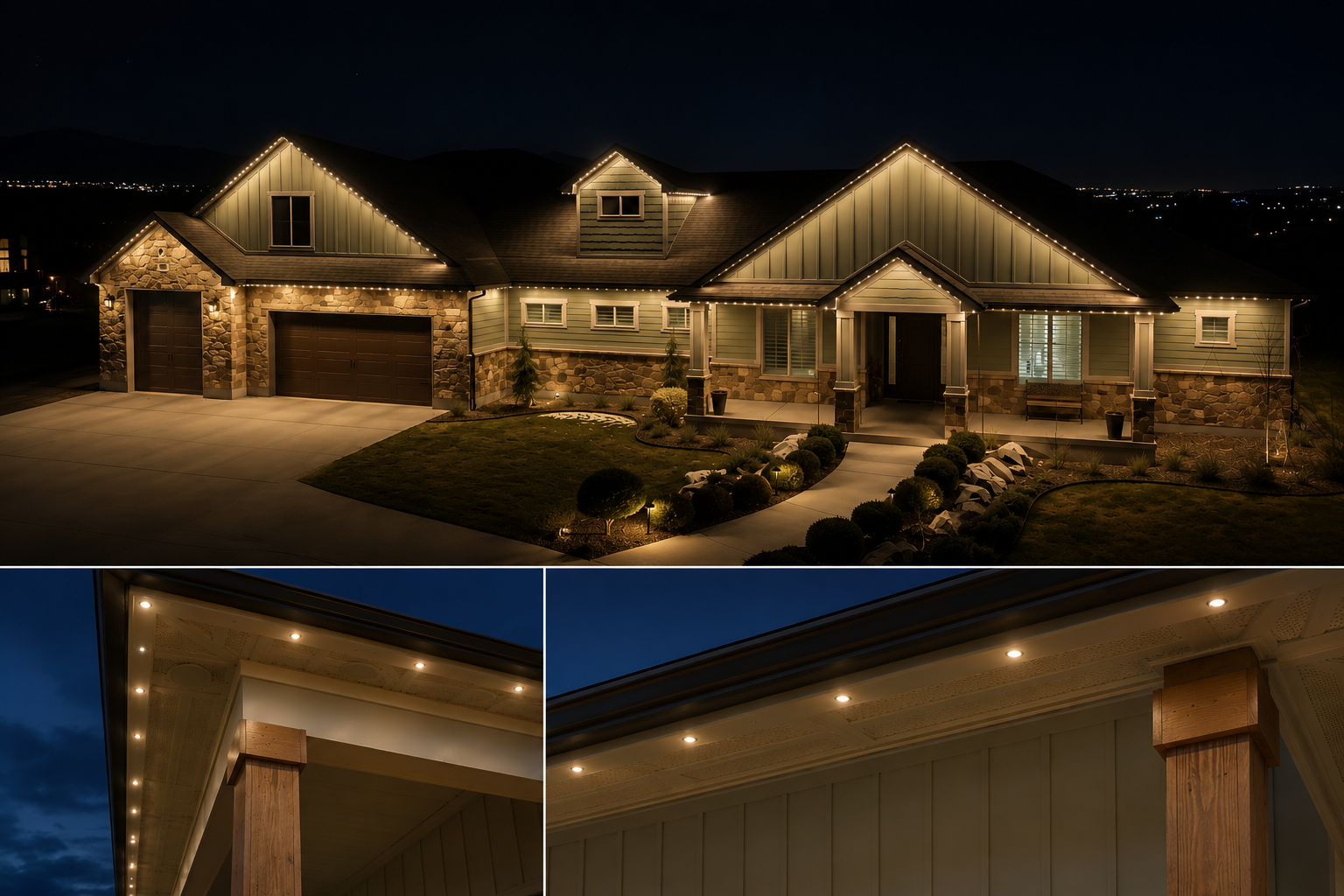 AI concept rendering of permanent architectural lighting installed along a home roofline