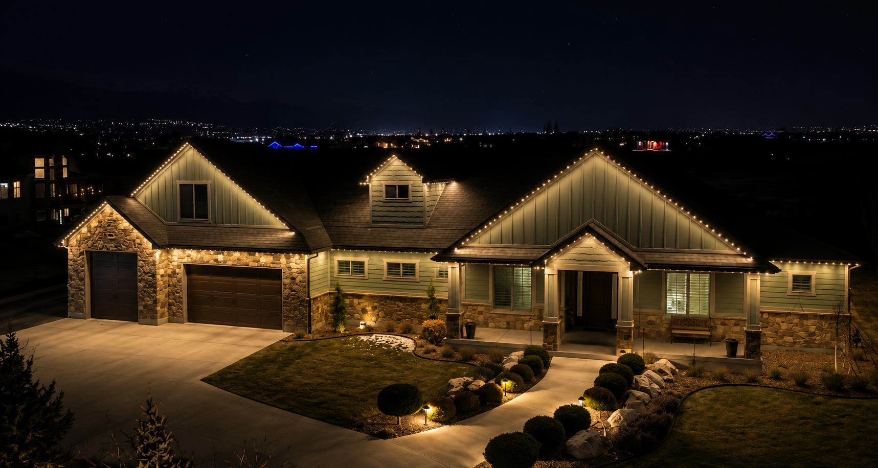 AI concept rendering of warm white permanent architectural lighting